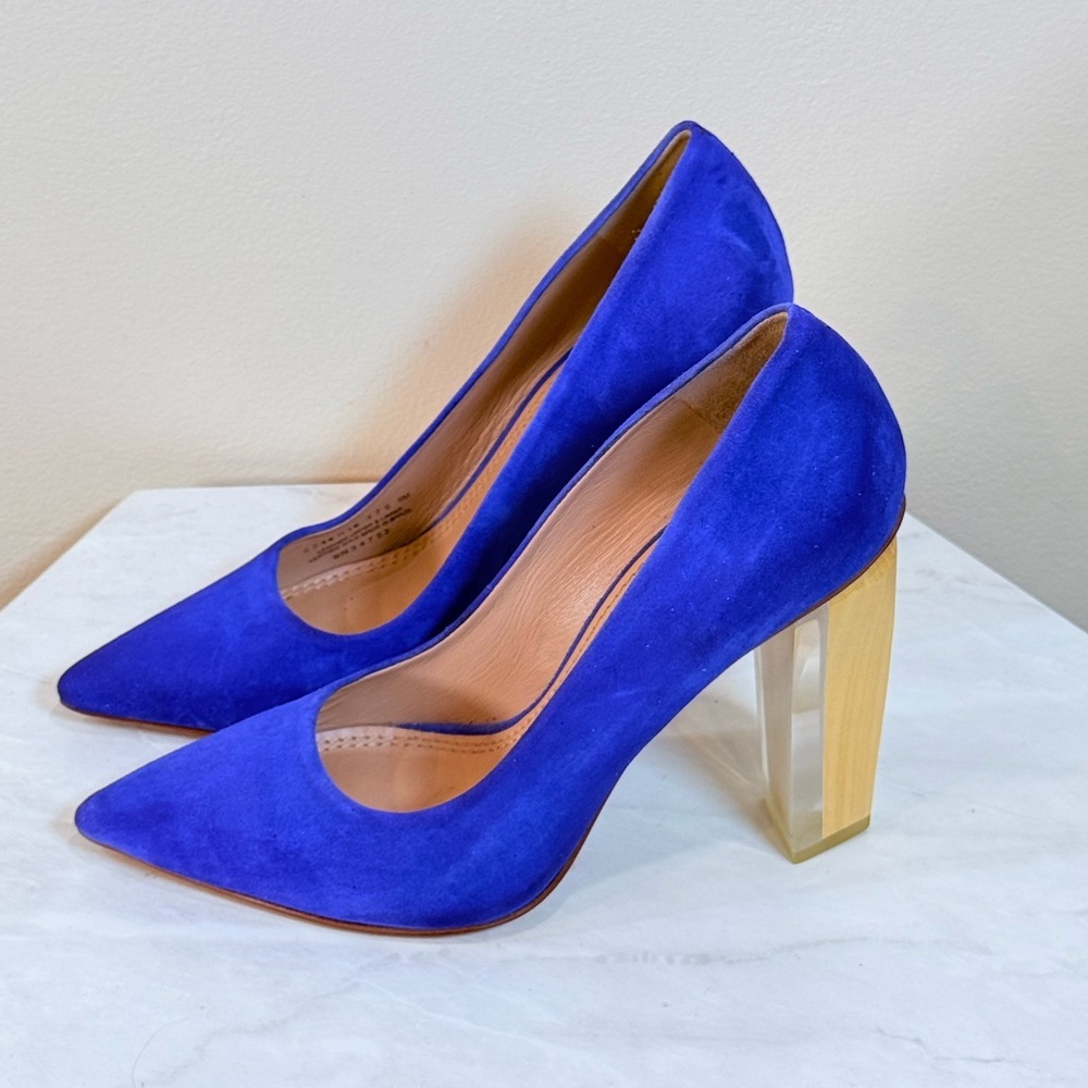 🔥Tory Burch Blue Suede Pointed-Toe Pumps with Lucite Block Heel Size 5 EC🔥
